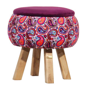 Runder Samt-Hocker, inspiriert von persischer Kunst, Pinke Blumen
