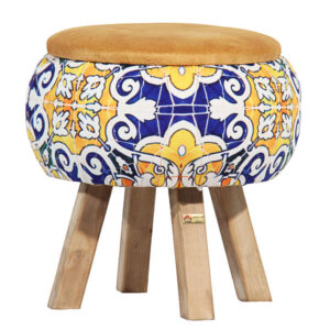 Runder Samt-Hocker, inspiriert von persischer Kunst, Floral