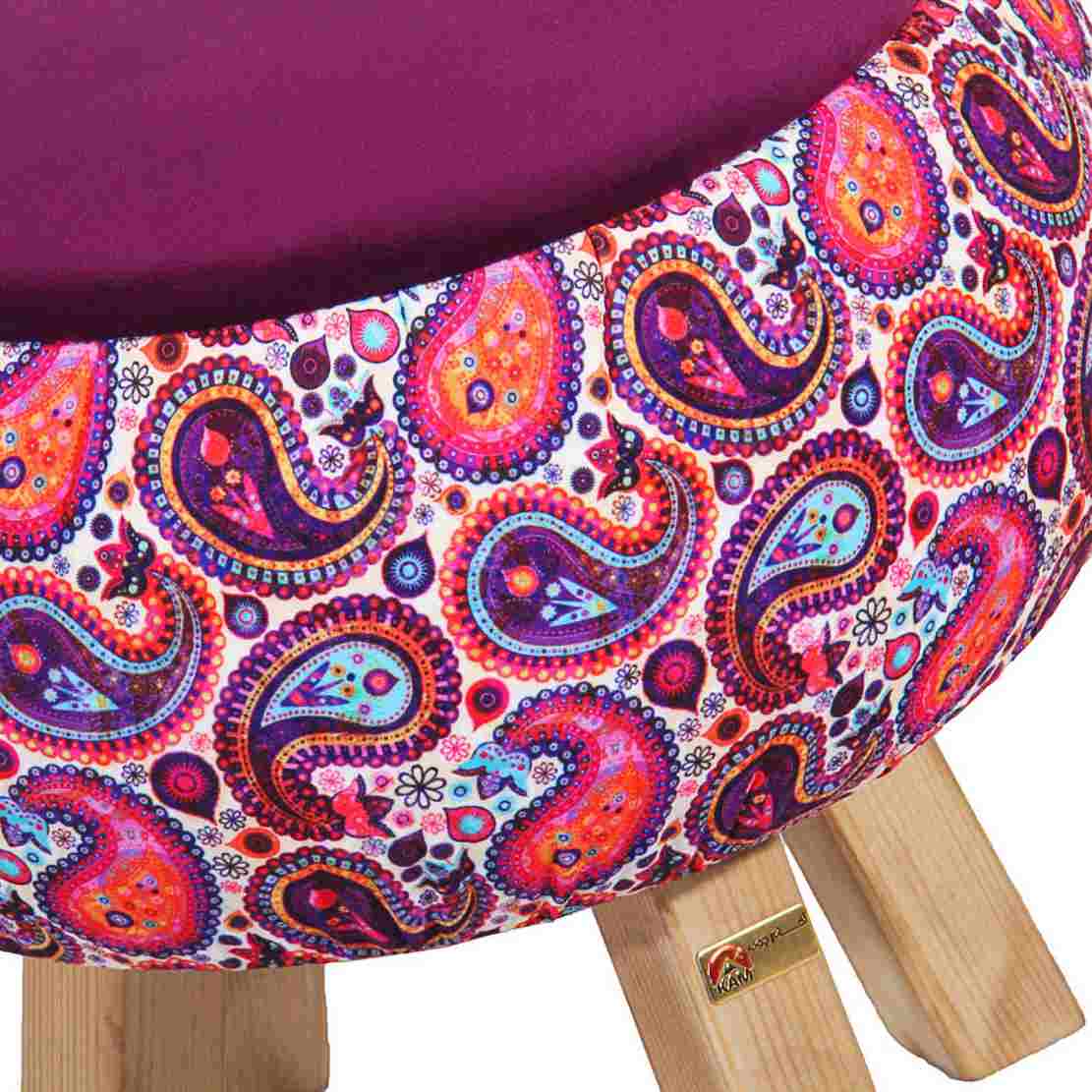 Runder Samt-Hocker, inspiriert von persischer Kunst, Pinke Blumen