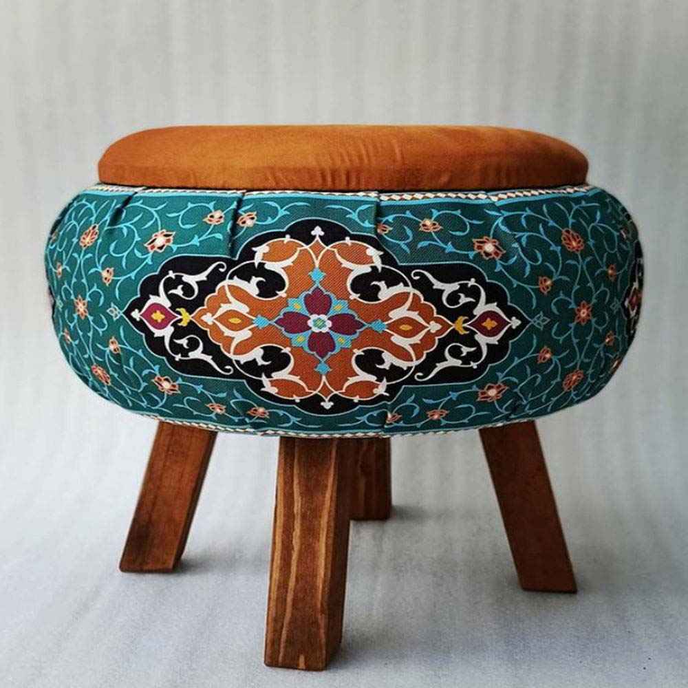Runder Samt-Hocker, inspiriert von persischer Kunst, Grüne Blumen