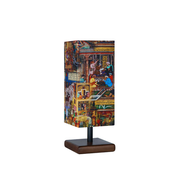 Minimalistische Persische Holz-Tischlampe & Nachttisch, handgefertigt Shahnameh