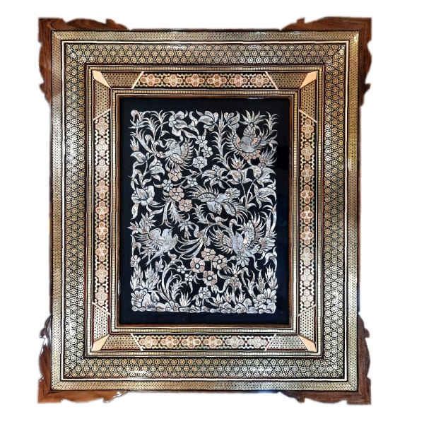 Handgefertigte, gerahmte persische gravierte Kupferkunst Vögel & Blumen – Traditionelle Wanddekoration
