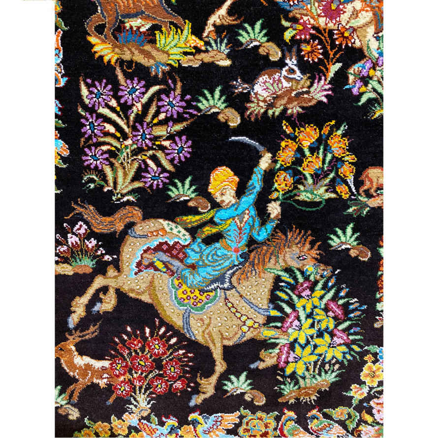 Handgeknüpfter persischer Bildteppich aus Qom, der das Jagdgebiet darstellt