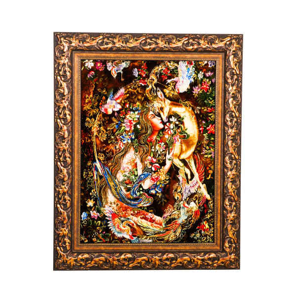 Handgeknüpfter persischer Wandteppich aus Tabriz, der die Miniatur von Freundlichkeit darstellt