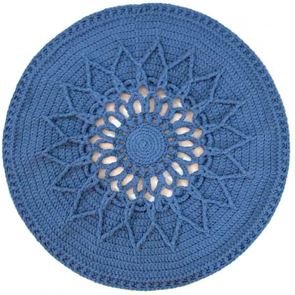 Handgewebter Boho-Makramee-Boden-Teppich – Design „Blaue Sonne“