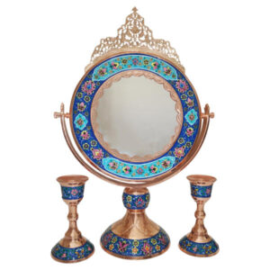Persischer Kupferspiegelrahmen & Kerzenhalter-Set – Eingelagertes Türkis