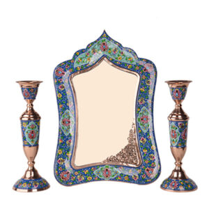 Persischer Kupferspiegelrahmen & Kerzenhalter-Set – Minakari