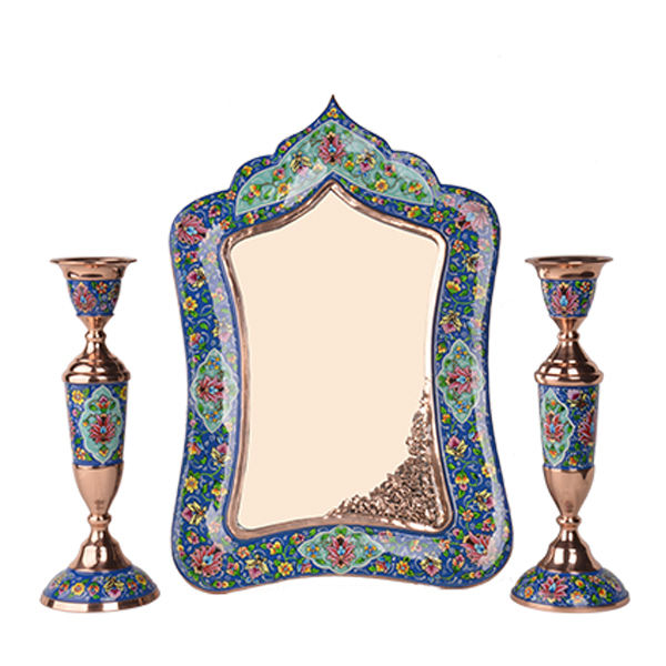 Persischer Kupferspiegelrahmen & Kerzenhalter-Set – Minakari