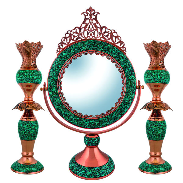 Persischer Kupferspiegelrahmen & Kerzenhalter-Set – Eingelagertes Türkis
