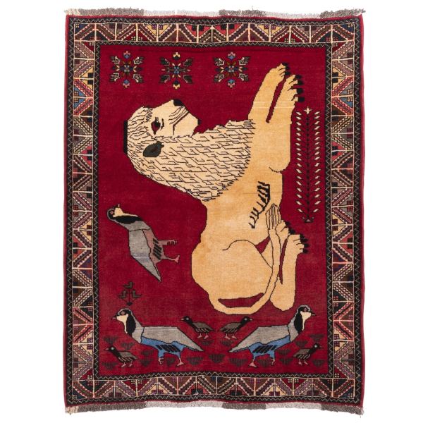 Persischer Gabbeh-Wollteppich handgewebt mit Tiermotiven Löwe