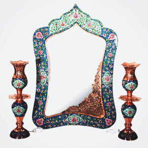 Persischer Kupferspiegelrahmen & Kerzenhalter-Set – Minakari Pardaz