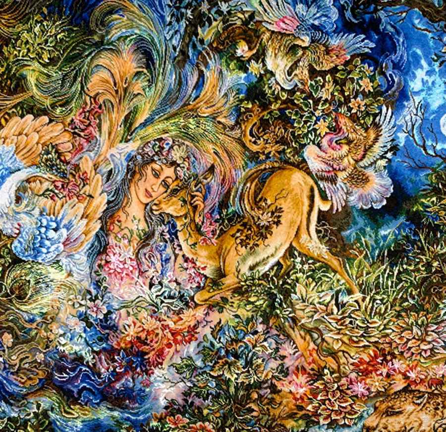 Handgeknüpfter persischer Wandteppich aus Tabriz, der die Miniatur von Dayereh Hasti darstellt