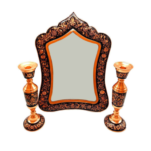 Gravierter persischer Kupferspiegelrahmen & Kerzenhalter-Set – Ghalamzani