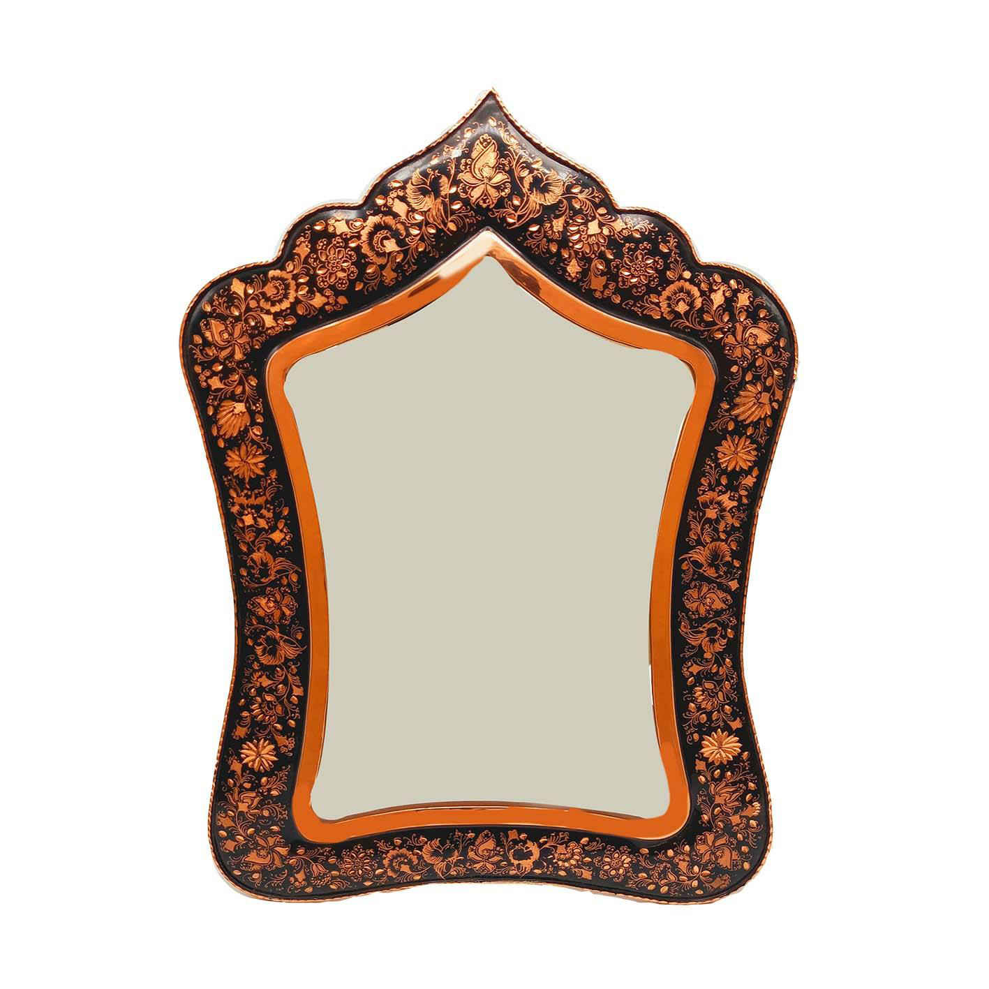 Gravierter persischer Kupferspiegelrahmen & Kerzenhalter-Set – Ghalamzani