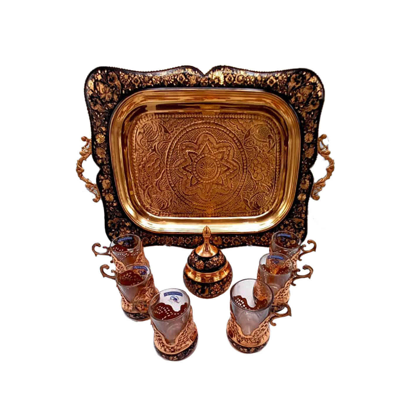 Handgefertigtes persisches Tee- und Kaffeeset aus Kupfer – Graviert