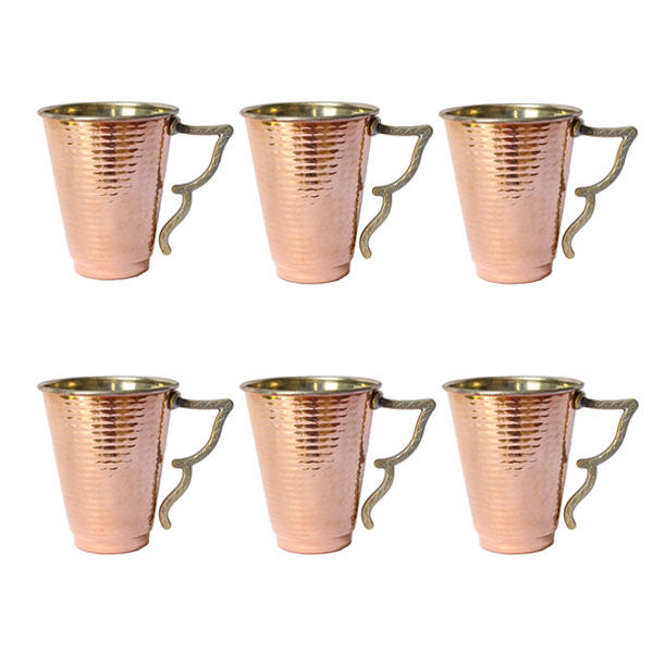 Persische Kupferbecher - Set von 6 handgefertigten mit Henkel für kalte Getränke - Gehämmert Azari