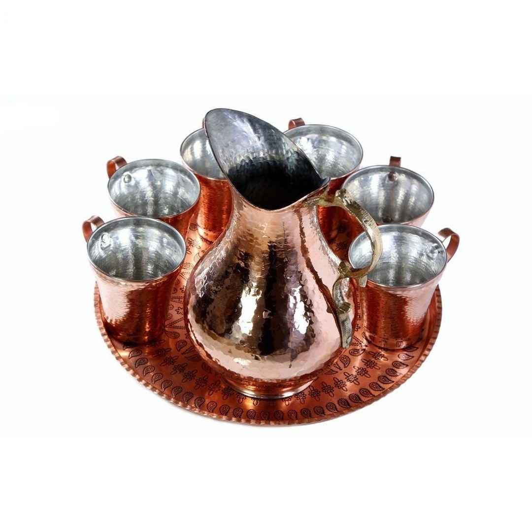 Persische Kupferbecher – Set von 8 handgefertigten mit Henkel für kalte Getränke – Gehämmert mit Krug