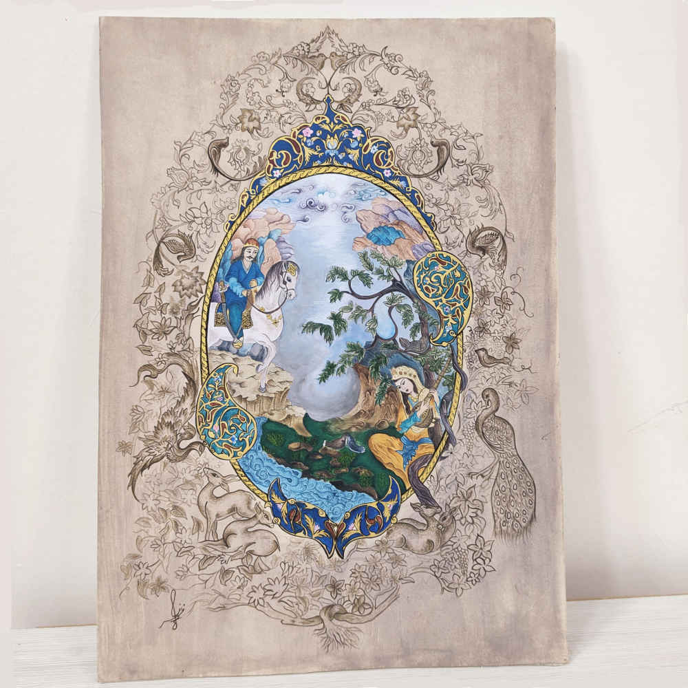 Original persische Miniaturkunstmalerei: Aquarell – Die Welt der Liebe von Niloofar Hosseinpour