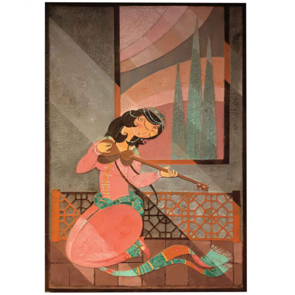 Original persische abstrakte Kunstmalerei - Aquarell auf Holz, Musikerin mit Setar