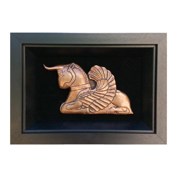 Handgefertigte gerahmte persische gravierte Kupferkunst Antikes Hornpferd