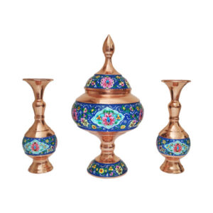 Handgefertigte persische Kupfer-Zuckerschale mit Deckel & Vasen – Minakari emailliert Lotus