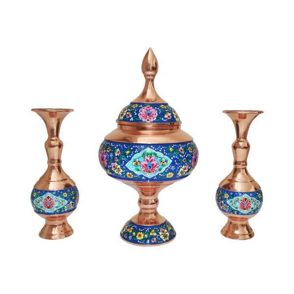 Handgefertigte persische Kupfer-Zuckerschale mit Deckel & Vasen - Minakari emailliert Lotus