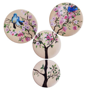 Handgemalter dekorativer Keramikteller Baum & Vögel (4x)