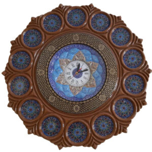 Handgefertigte persische Holz-Wanduhr – Minakari-Emaille Marineblau
