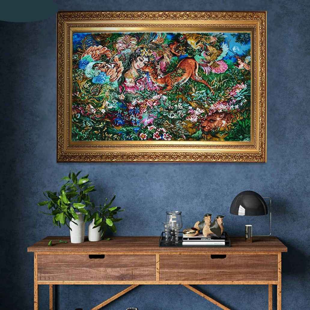 Handgeknüpfter persischer Wandteppich aus Tabriz, der die Miniatur von Existence darstellt