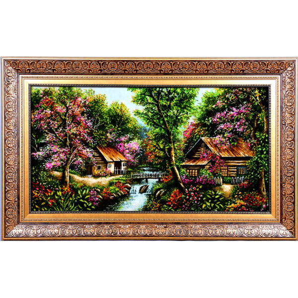 Handgeknüpfter persischer Bildteppich aus Tabriz, der eine ländliche Landschaft darstellt