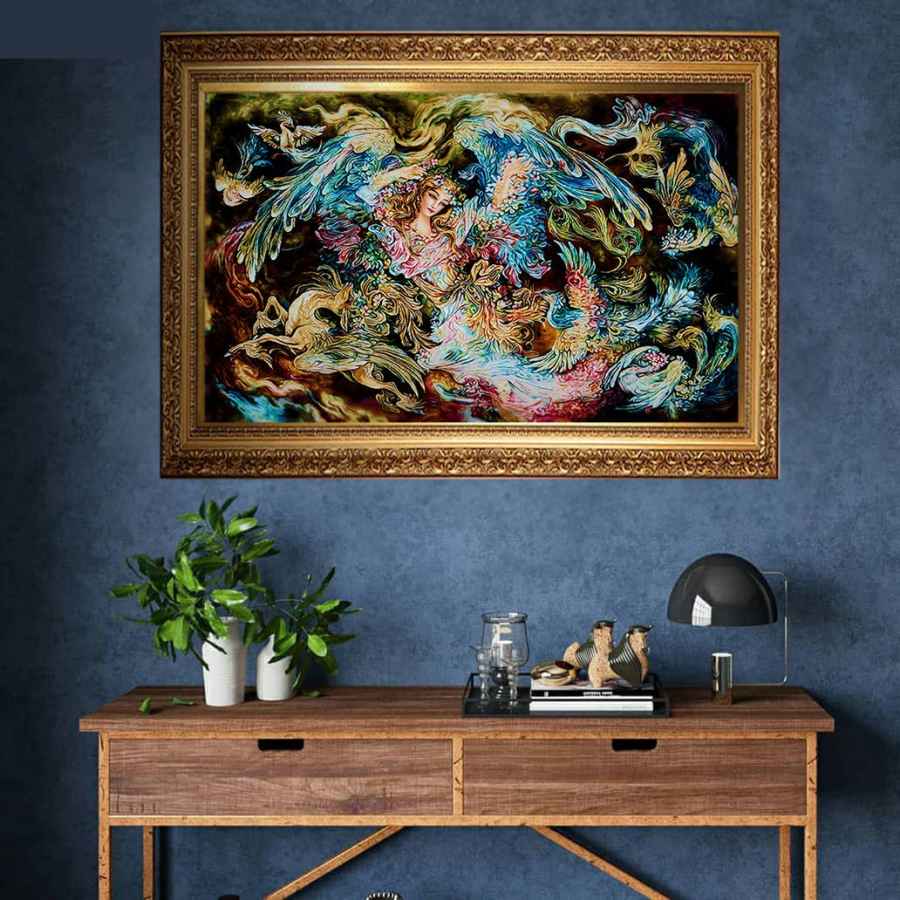 Handgeknüpfter persischer Wandteppich aus Tabriz, der die Miniatur von Simorgh darstellt