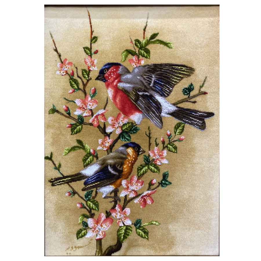 Handgeknüpfter persischer Bildteppich aus Tabriz, der einen Spatz darstellt