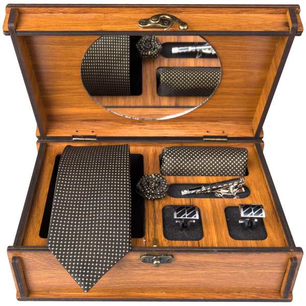 Herrenkrawatte, Taschentuch & Manschettenknöpfe Set - Luxuriös Braun