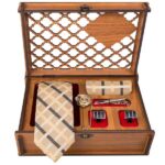 Herrenkrawatte, Taschentuch & Manschettenknöpfe Set – Luxuriös Creme