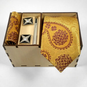 Herrenkrawatte, Taschentuch & Manschettenknöpfe Set – Luxuriös Golden