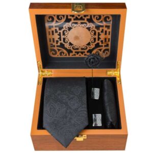 Herrenkrawatte, Taschentuch & Manschettenknöpfe Set – Luxuriös Schwarz