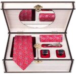 Herrenkrawatte, Taschentuch & Manschettenknöpfe Set – Luxuriös Rosa