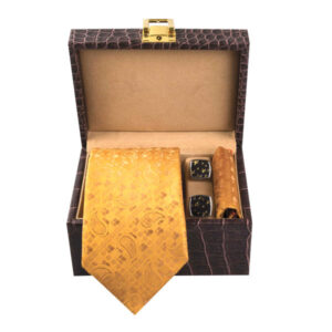 Herrenkrawatte, Taschentuch & Manschettenknöpfe Set – Luxuriös Gold