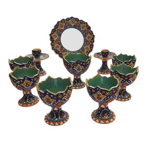 Elegantes Töpfer Haft-sin Minakari Set für Nowruz Persisches Neujahr Grün