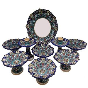 Elegantes Töpfer Haft-sin Minakari Set für Nowruz Persisches Neujahr Dunkelblau