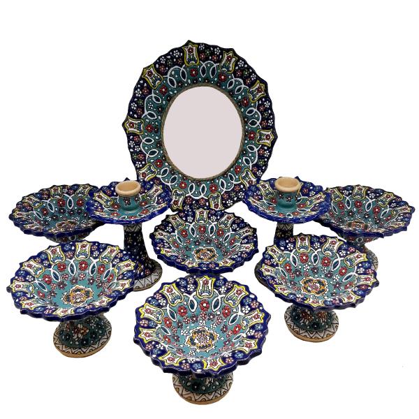 Elegantes Töpfer Haft-sin Minakari Set für Nowruz Persisches Neujahr Dunkelblau