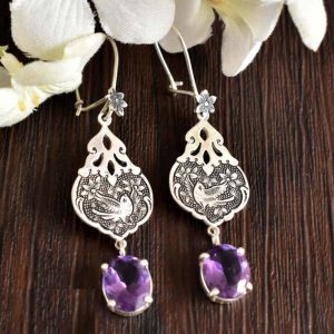 Persische Gravierte Silberohrringe mit Amethyst Edelstein
