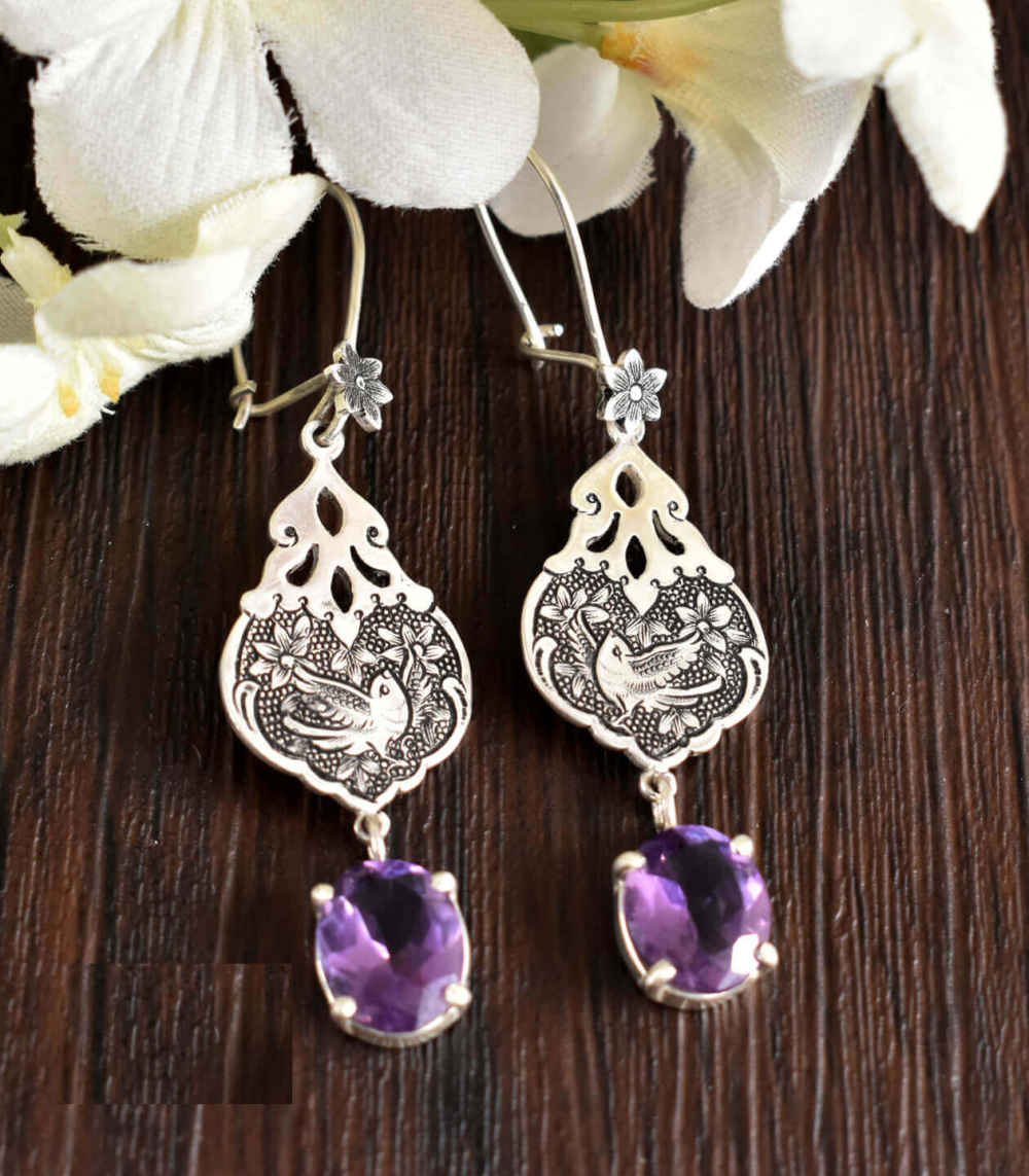 Persische Gravierte Silberohrringe mit Amethyst Edelstein