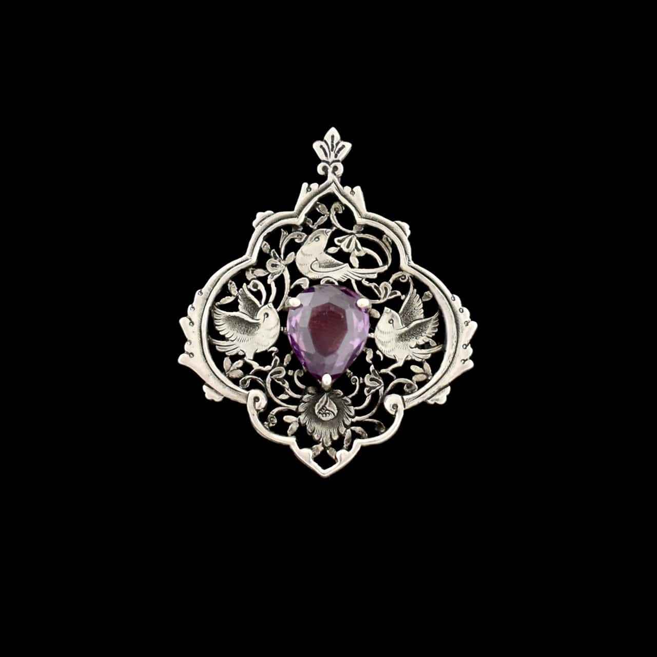 Persischer gravierter Silberanhänger mit Amethyst-Edelstein