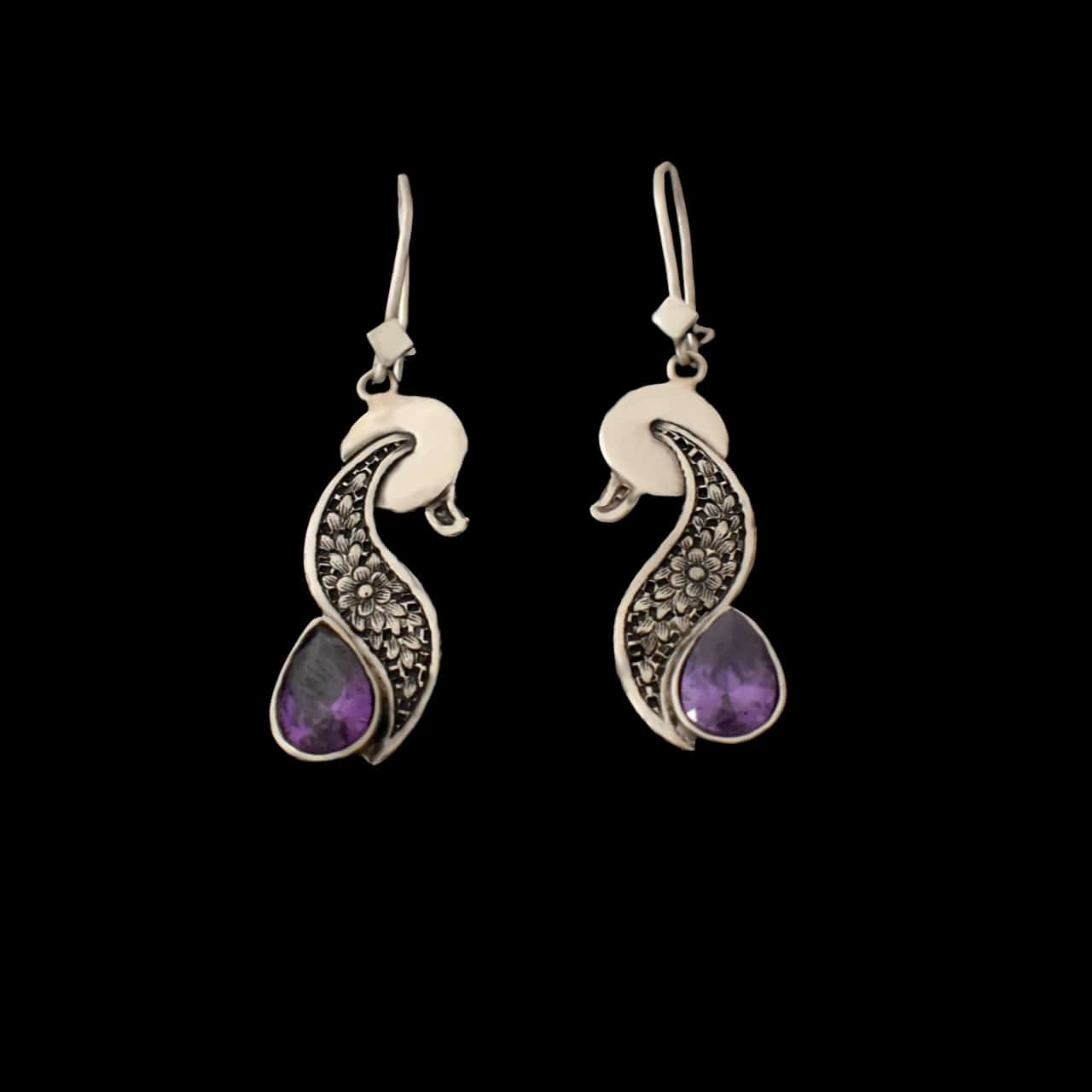 Persische Gravierte Silberohrringe mit lila Amethyst Edelstein