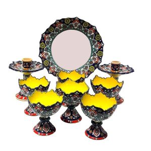 Elegantes Töpfer Haft-sin Minakari Set für Nowruz Persisches Neujahr Gelb