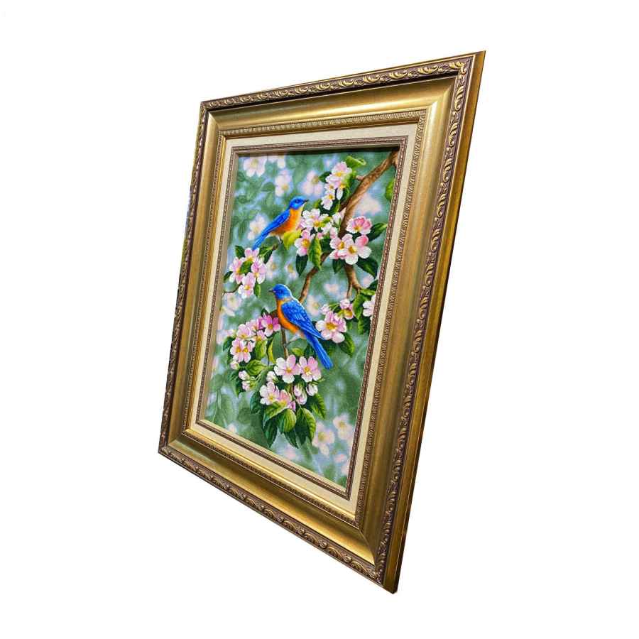 Handgeknüpfter persischer Bildteppich aus Tabriz, der einen blauen Spatz und Blumen darstellt