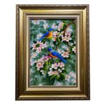Handgeknüpfter persischer Bildteppich aus Tabriz, der einen blauen Spatz und Blumen darstellt