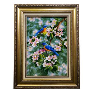 Handgeknüpfter persischer Bildteppich aus Tabriz, der einen blauen Spatz und Blumen darstellt