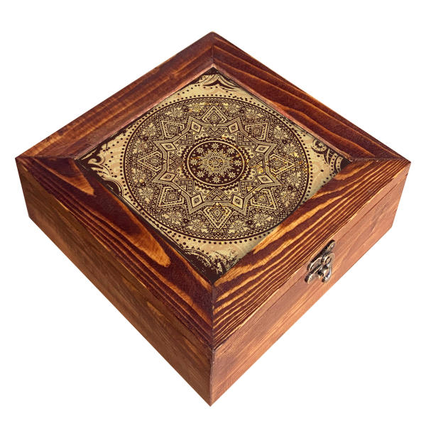 Persische Holz-Aufbewahrungsbox mit Fächern für Teebeutel und Nüsse Mandala